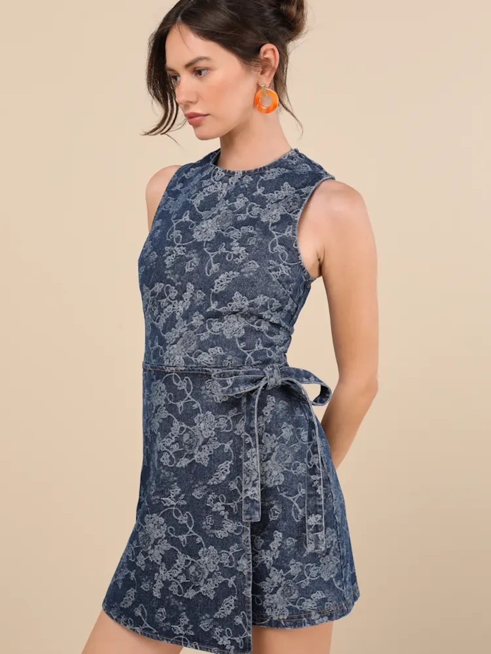 Lulu's Albena Dark Wash Floral Denim Sleeveless Mini Wrap Dress